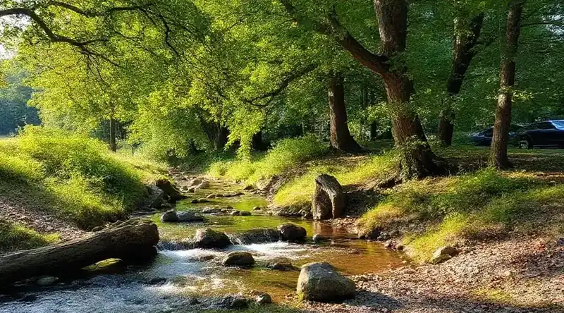 木漏れ日の差す川岸と、倒木の横を流れる小川（イメージ写真）