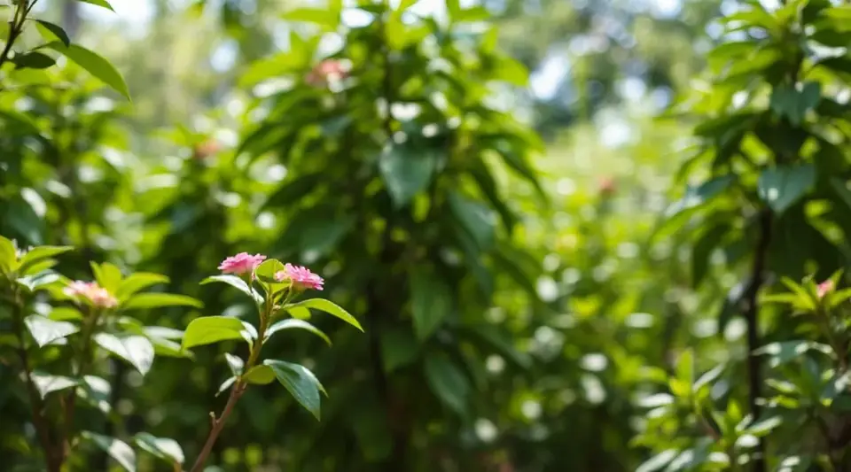 日の当たる緑の葉と、ピンク色の花をつけた枝のクローズアップ（イメージ写真）