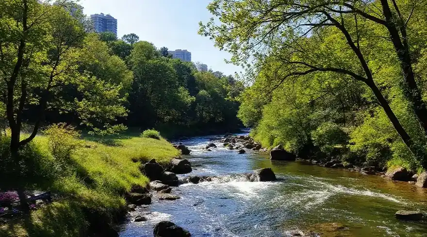 木々と草地の間を、小さな瀬が流れる風景（イメージ写真）