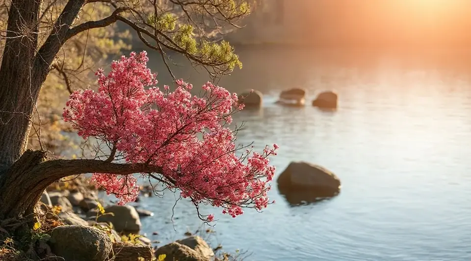 夕日に照らされた湖面と、ピンク色の花をつけた木（イメージ写真）