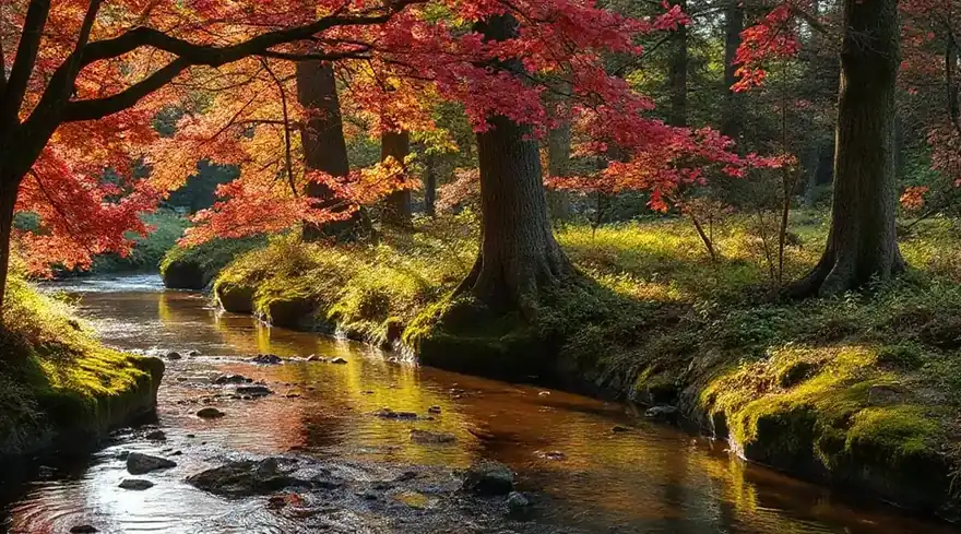 紅葉した木々の間を流れる小川（イメージ写真）