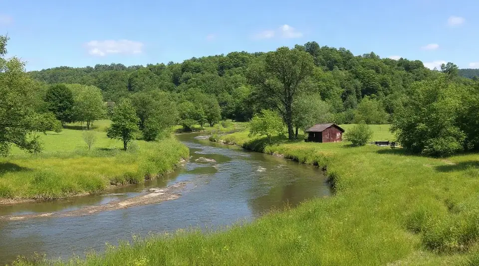 草地の中を川が曲がり、小さな小屋が見える風景（イメージ写真）