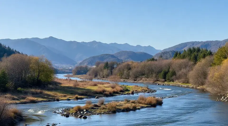 山並みを背に川が蛇行する風景（イメージ写真）